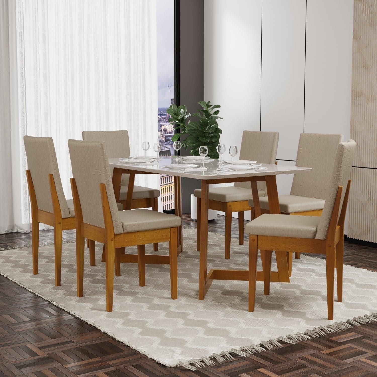 Conjunto Mesa Califórnia com Vidro 6 Cadeiras Dakota Cerejeira Tecido A40 100% Madeira Maciça Cerejeira/Palha