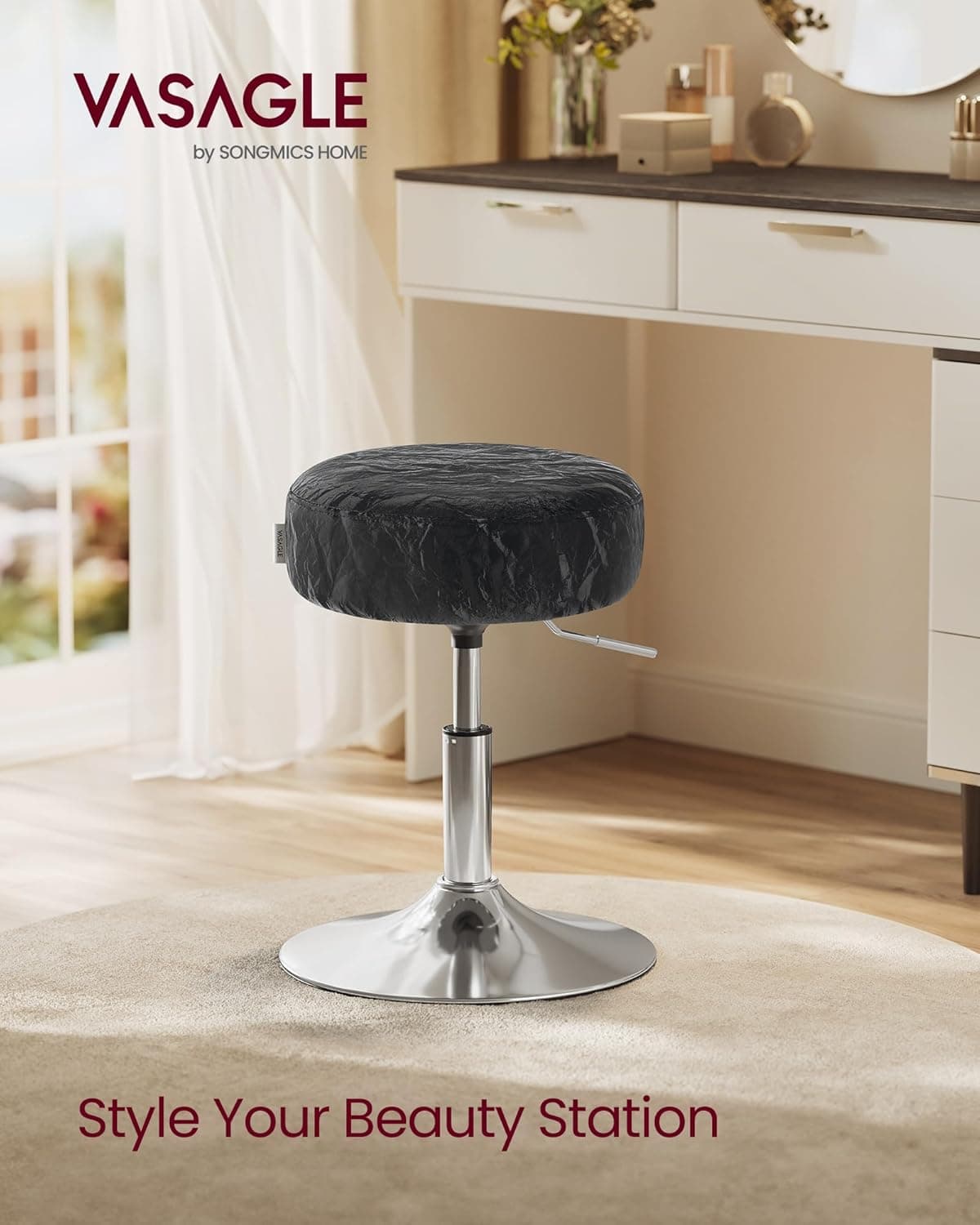 VASAGLE Banqueta ajustável, cadeira de maquiagem, rotação de 360°, estofamento de poliuretano, almofada grossa, para quarto, cozinha, sala de jantar, moderno, tinta preta ULJB120B01 - Imagem 4