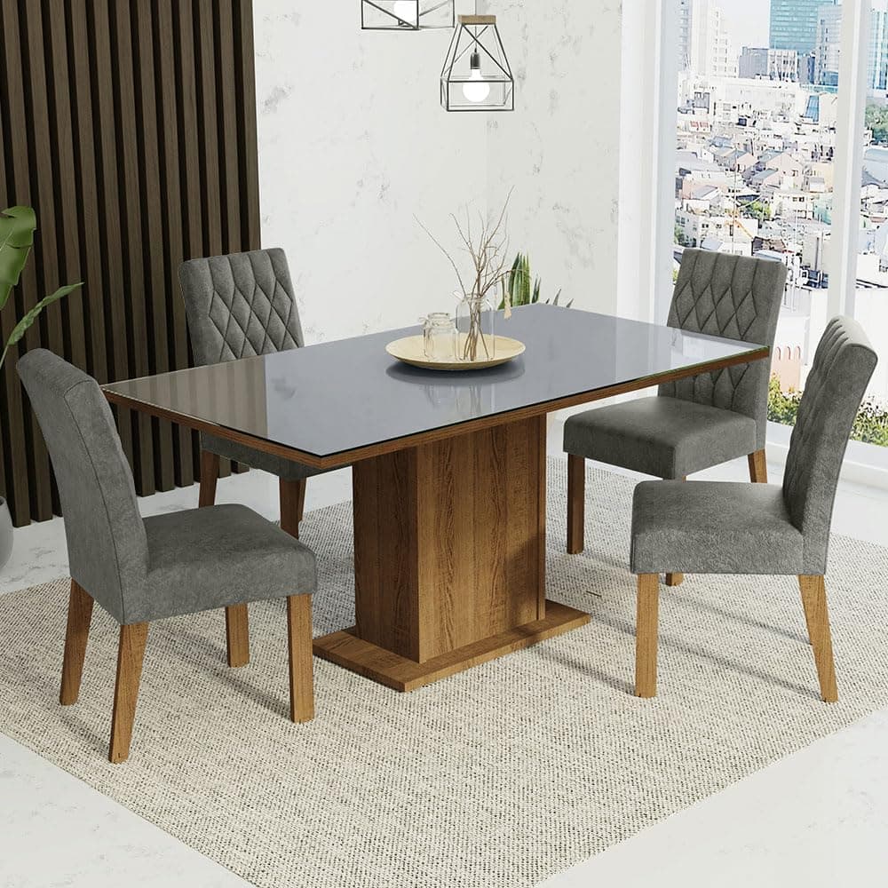 Conjunto Sala de Jantar Mesa Tampo de Vidro 4 Cadeiras Rustic/cinza/silver Marilia Madesa