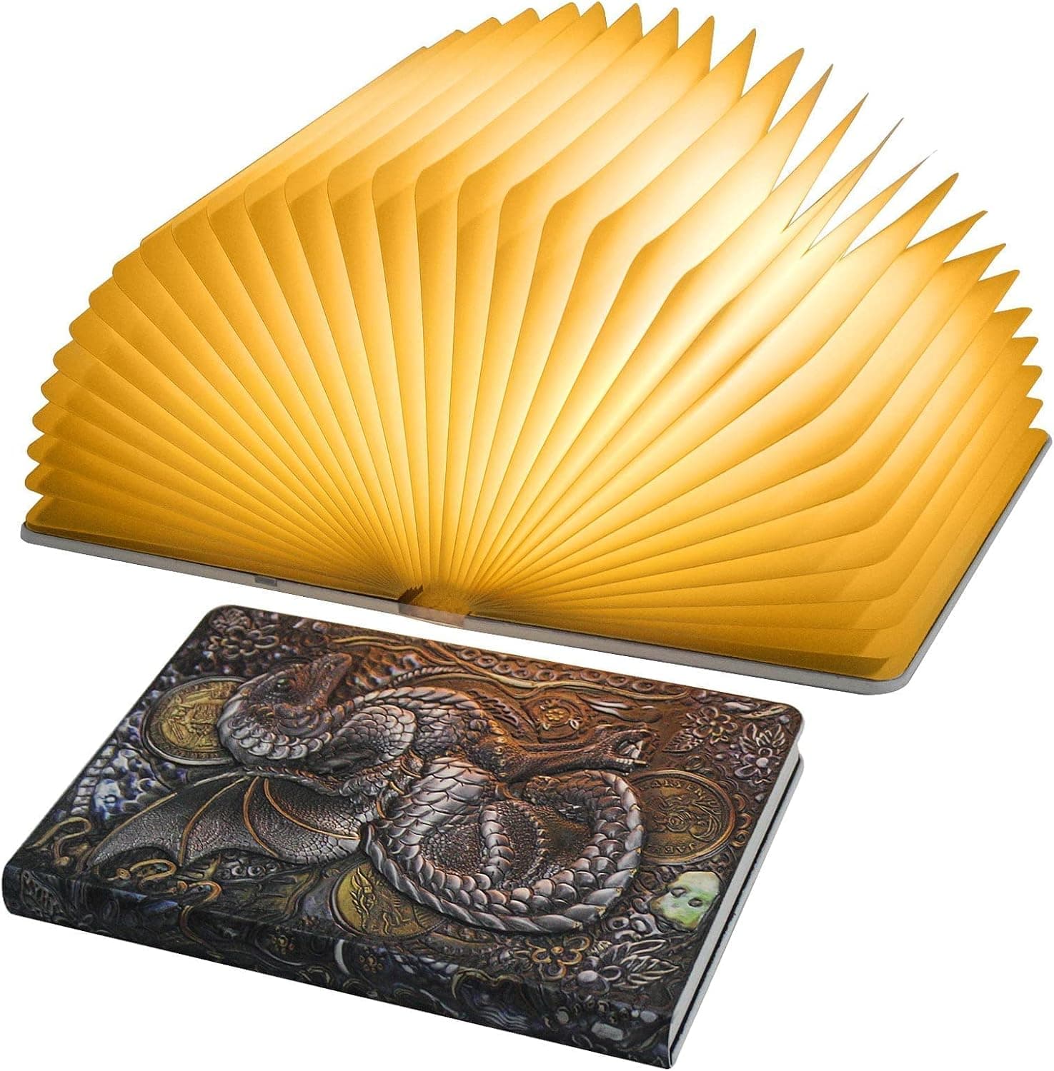 Luminária de Mesa em Formato de Livro QXMGCBOK, Dragão 3D, LED Recarregável USB, 3 Cores, Controle Remoto