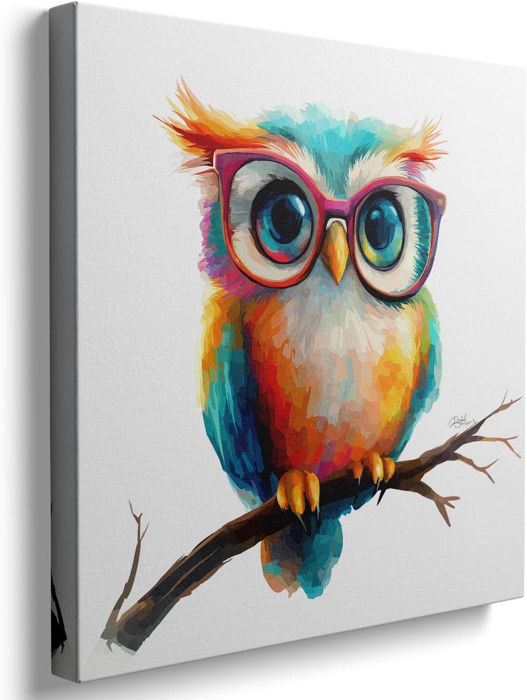 Ypxzzj Arte de parede em tela de coruja fofa com óculos, decoração de coruja colorida, arte de parede, pôster, arte para quarto infantil, quarto, sala de estar, decoração emoldurada, pronta para