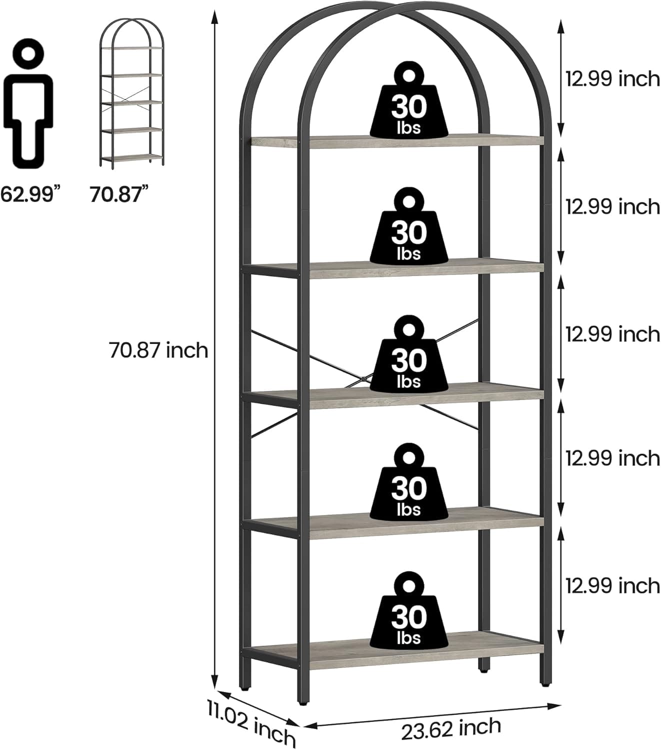 IDEALHOUSE Estante de 5 prateleiras de exibição arqueadas prateleiras altas de metal estrutura de metal prateleira de armazenamento de casa de fazenda prateleira de livros cinza para quarto, sala de estar, escritório em casa - Imagem 3