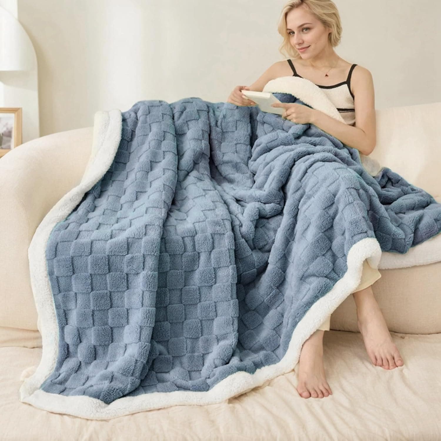 Gracelife Cobertor sherpa, 127 cm x 152 cm, manta xadrez quente e aconchegante para sofá, cama, mantas reversíveis, cobertores e mantas de flanela felpuda para adultos mulheres e homens, cinza-azul macio - Imagem 3