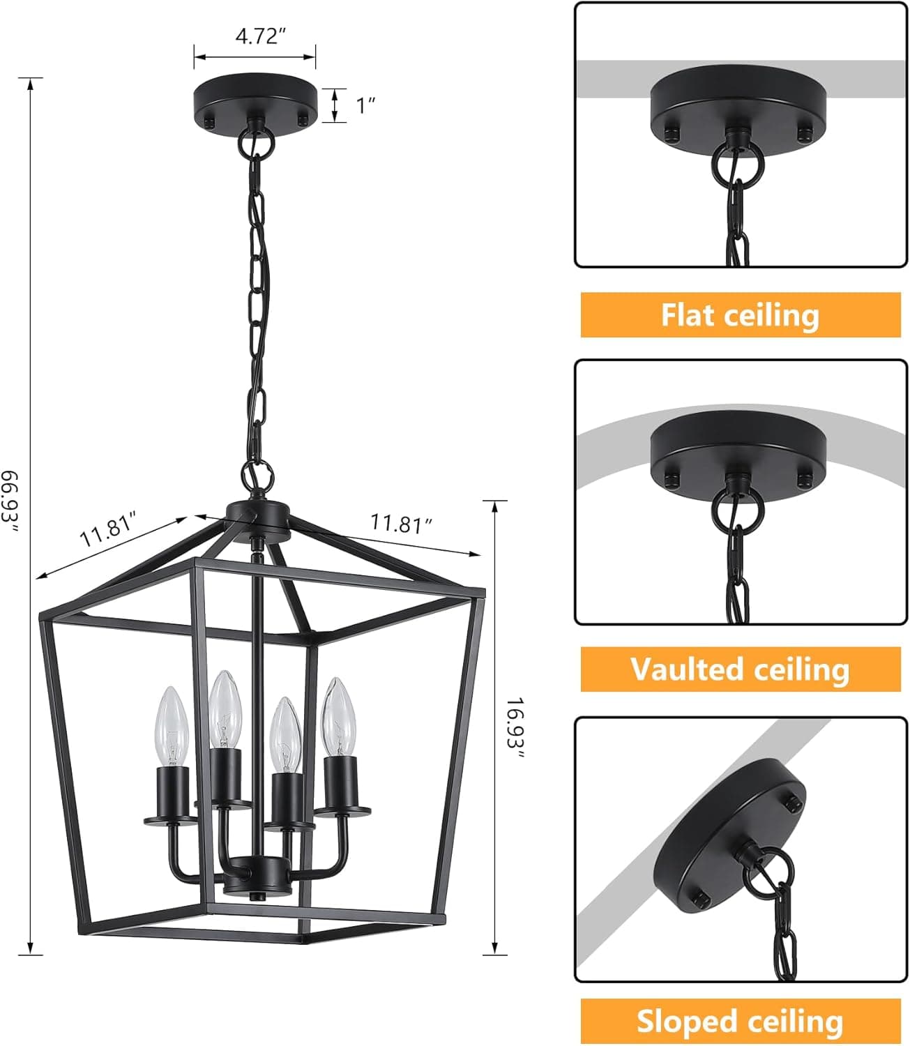 AMZASA Ul Listed Black Industrial 4 Light Lantern Lustre Luminárias de Teto Farmhouse Metal Cage Luz Pendente Geométrica Rústica para Cozinha Ilha Entrada Sala de Jantar Escadas e Corredor - Imagem 4