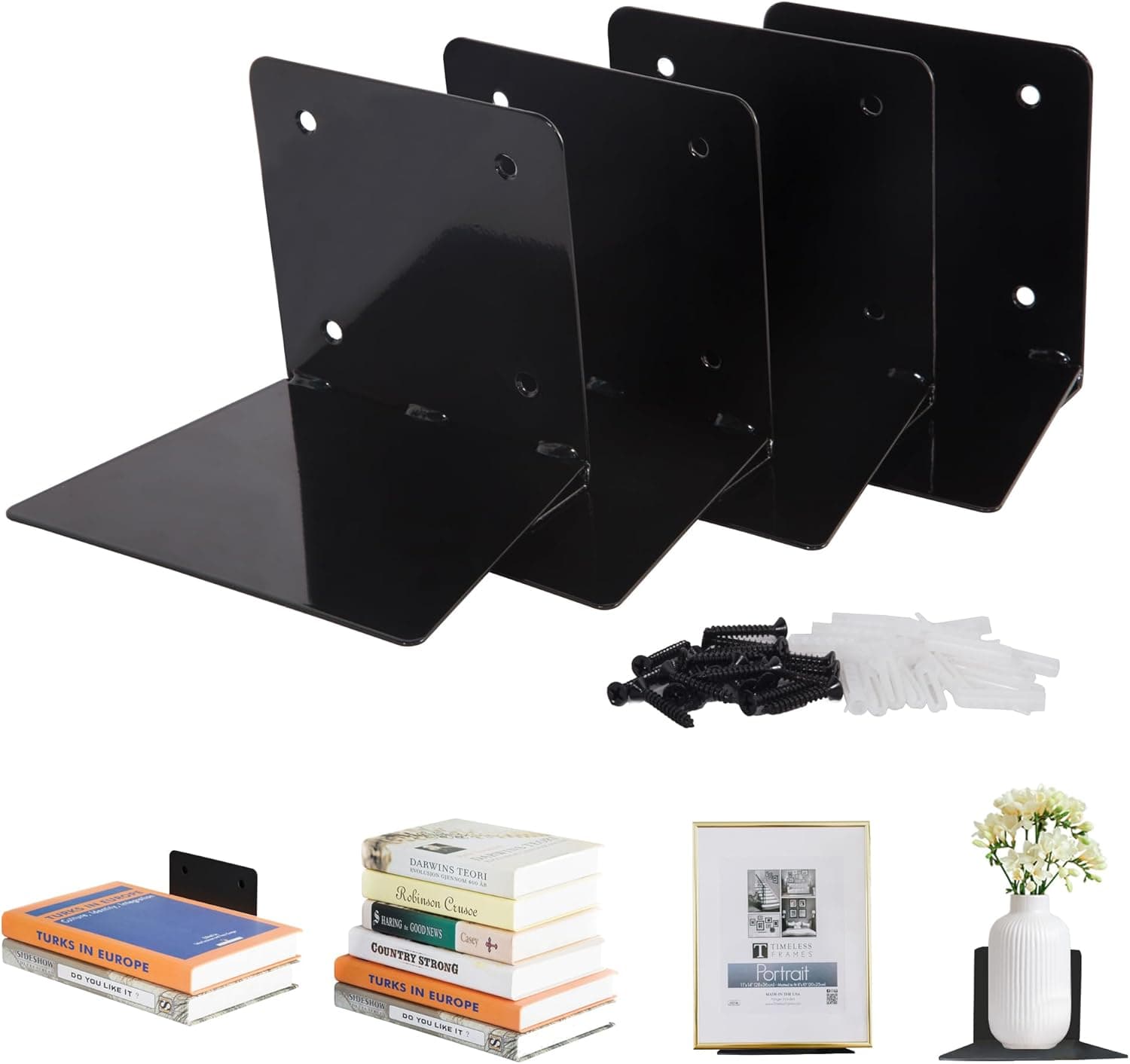 STORAGE MANIAC Prateleiras flutuantes para livros montadas na parede, invisíveis, flutuantes, estantes ocultas, de aço, para quarto, sala de estar, escritório, preto, pacote com 4, grande