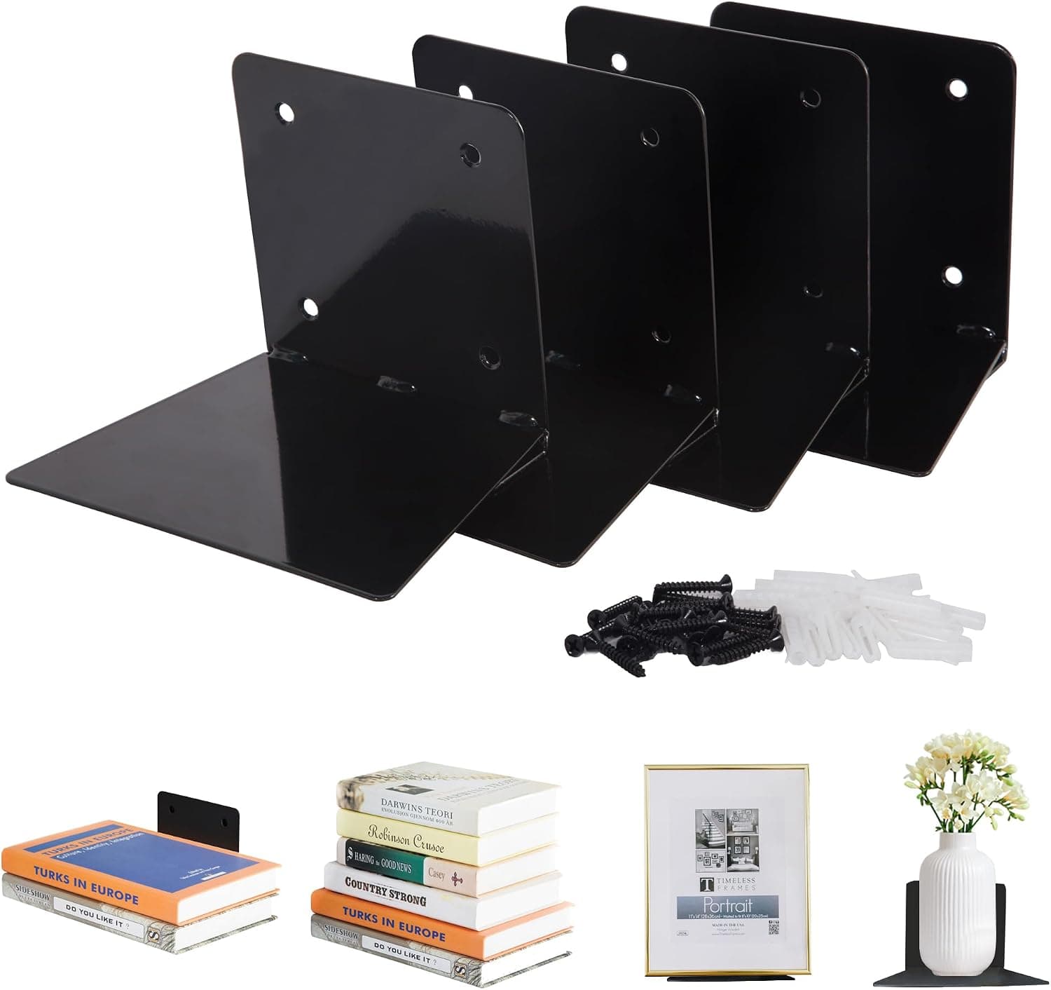 STORAGE MANIAC Prateleiras flutuantes para livros montadas na parede, invisíveis, flutuantes, estantes ocultas, de aço, para quarto, sala de estar, escritório, preto, pacote com 4, grande