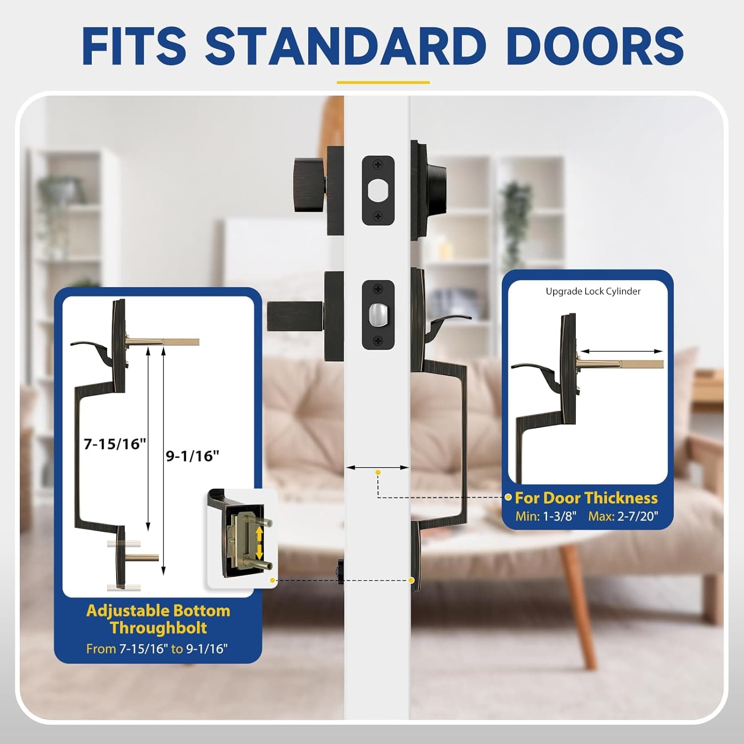 Conjunto de maçanetas e fechaduras de bronze polido a óleo, conjunto de fechadura de porta frontal, conjunto de fechadura externa com fechadura de cilindro único, reversível para direita e - Imagem 4
