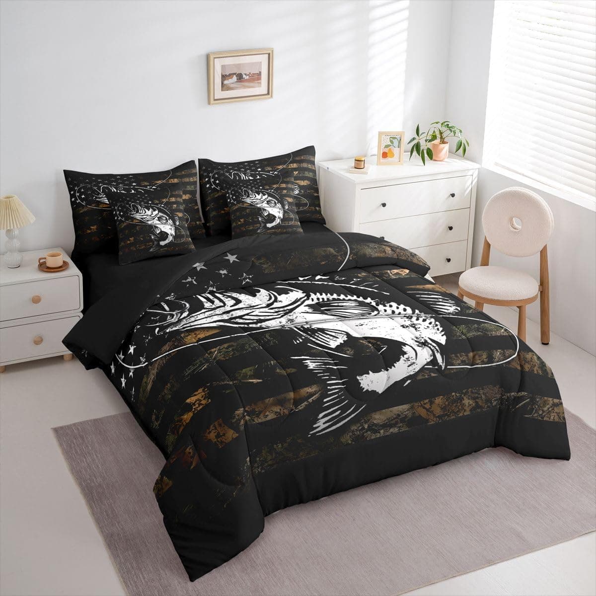 Erosebridal Jogo de cama casal camuflado com bandeira americana de 7 peças de peixe, camuflagem, bandeira americana, para crianças, meninos e adolescentes, conjunto de edredom com lençol de cama e - Imagem 4