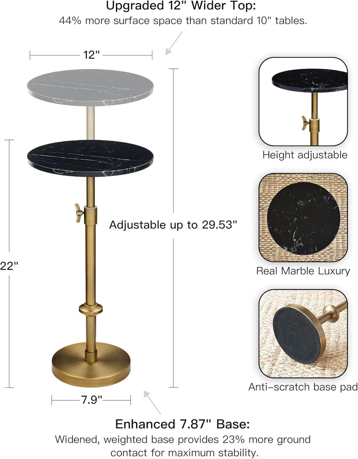 Mesa de bebida de mármore de altura ajustável – 30 x 30 x 56 – 76, mármore preto e latão antigo, mesa de canto redonda moderna, mesa lateral com suporte de pedestal para espaços pequenos, detalhe de - Imagem 4