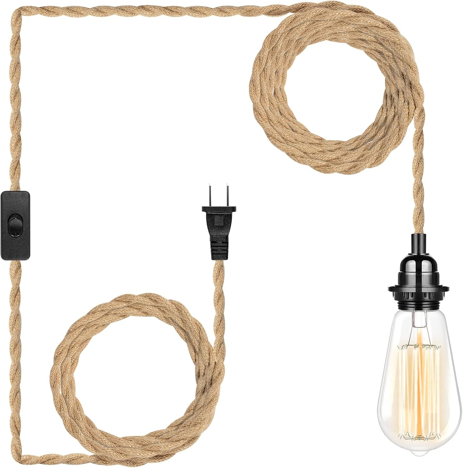 HURYEE Luz de Suspensão de 15 Pés com Cabo de Interruptor E26, Lâmpada Pendente de Corda de Cânhamo Torcida para Decoração de Iluminação de Casa para Quarto de Fazenda
