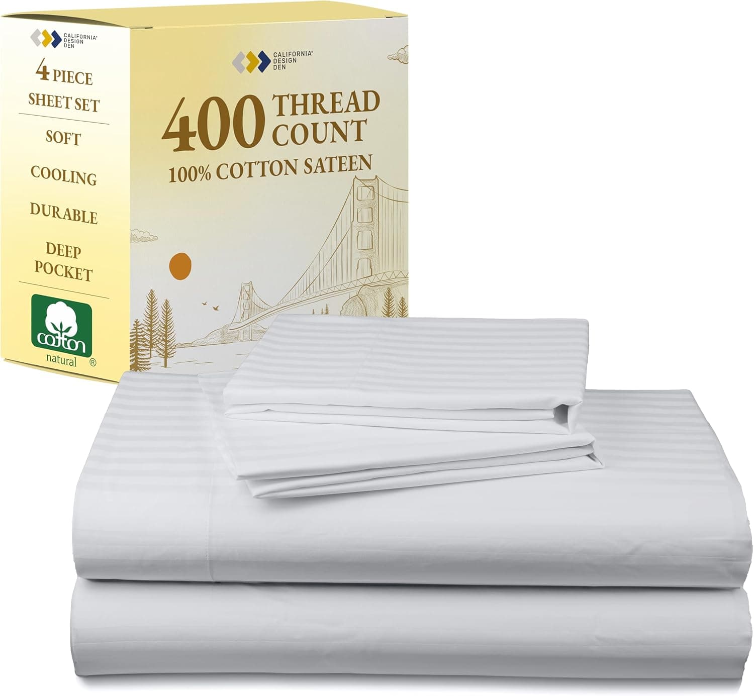 California Design Den Jogo de cama Queen listrado - cetim macio 400 fios, lençóis 100% algodão natural com bolsos profundos, conjunto de cama refrescante e durável - branco listrado