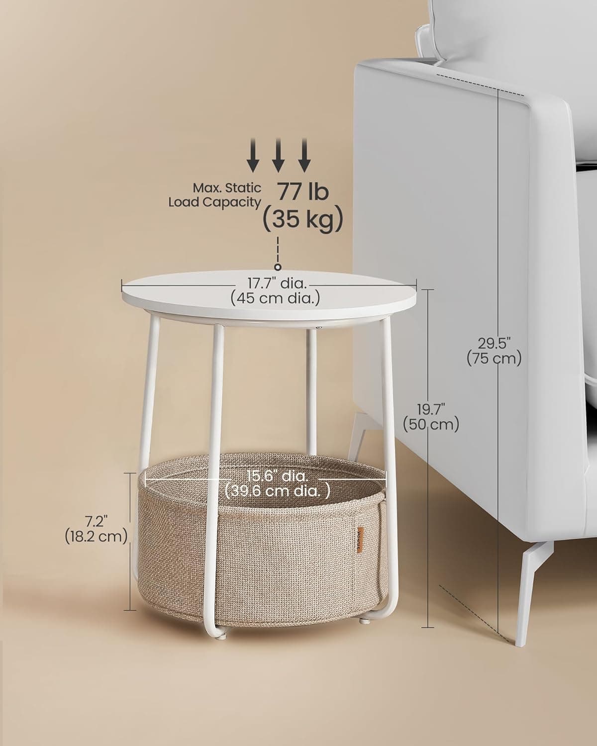 VASAGLE Mesa de canto redonda com cesta de armazenamento removível, para sala de estar e quarto, branca - Imagem 4