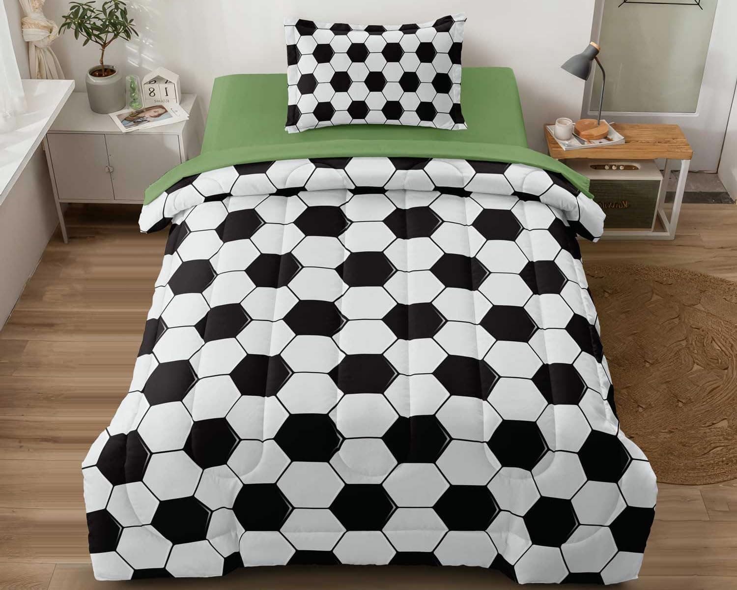 Jogo de edredom de futebol solteiro para meninos e meninas, 4 peças, roupa de cama de solteiro, conjunto de cama com lençóis, preto e branco para adolescentes