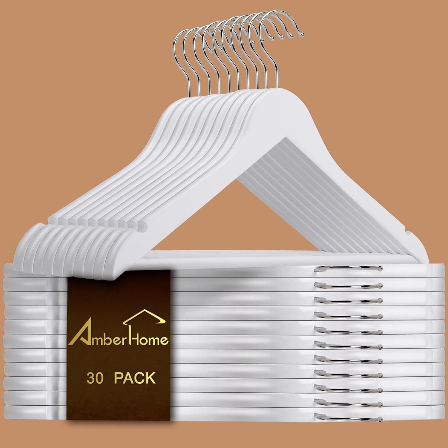 Amber Home Pacote com 30 cabides brancos de madeira, cabides de madeira branca com barra de calça antiderrapante, cabides para organização de armários, camisas, jaquetas, vestidos e calças (branco, 30