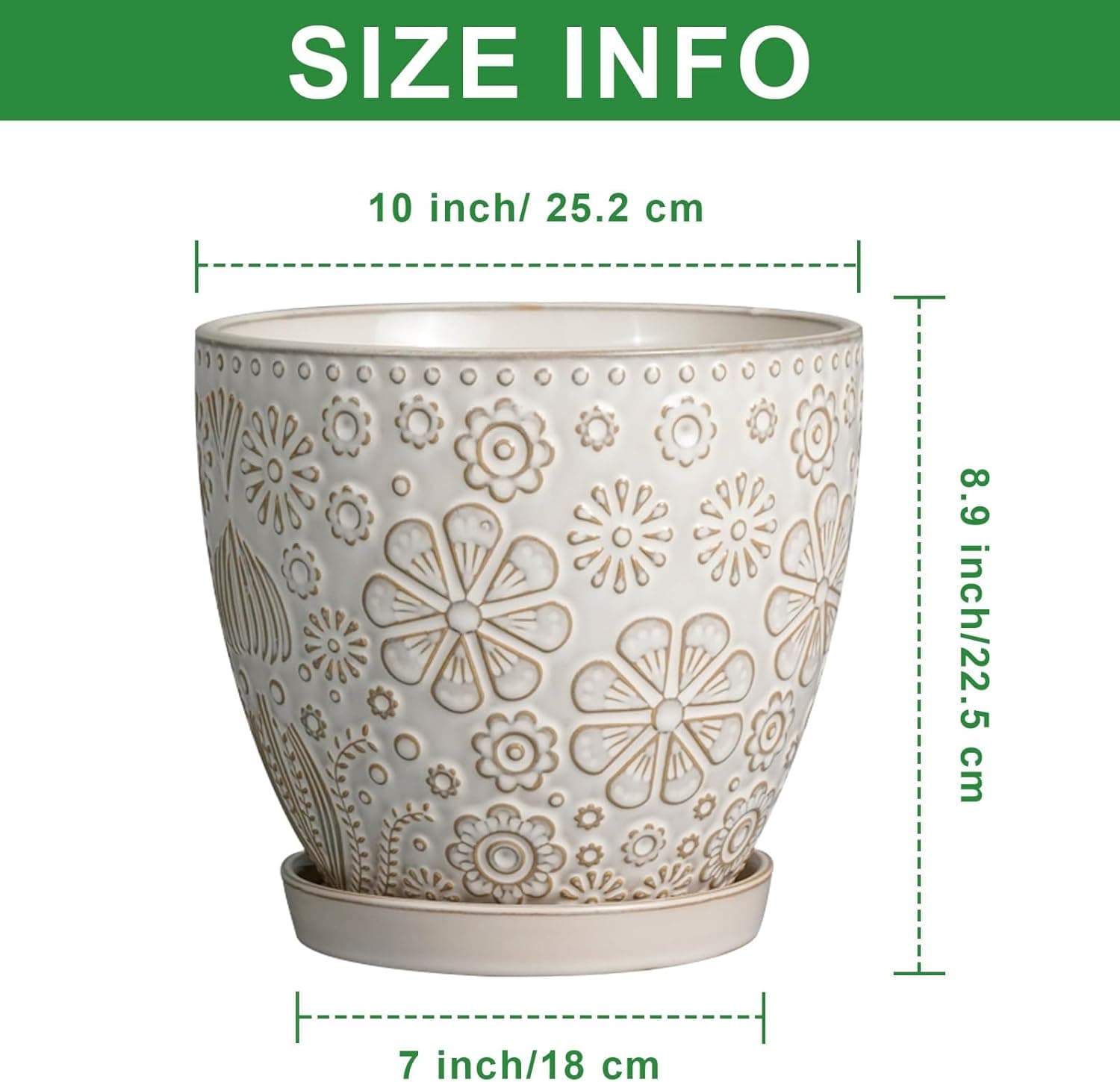 Vaso grande de cerâmica de 25,4 cm para plantas de interior, vaso de flores redondo ao ar livre com orifício de drenagem e pires para decoração de jardim doméstico branco - Imagem 4