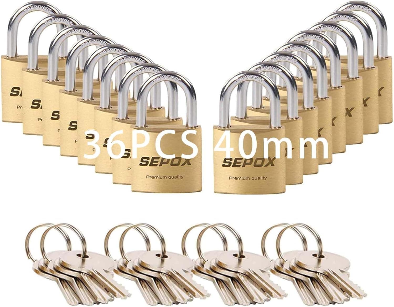 SEPOX® Preminum Heavy-Duty Padlock Keyed-Alike, 1-9/16" 40mm Solid-Brass Padlocks Set 36 Pcs Padlocks with Same Keys 48 Pcs, Anti-Cut Shackle Weather Proof for Gym Locker, Fence, Gate, Tool-Box, Chain