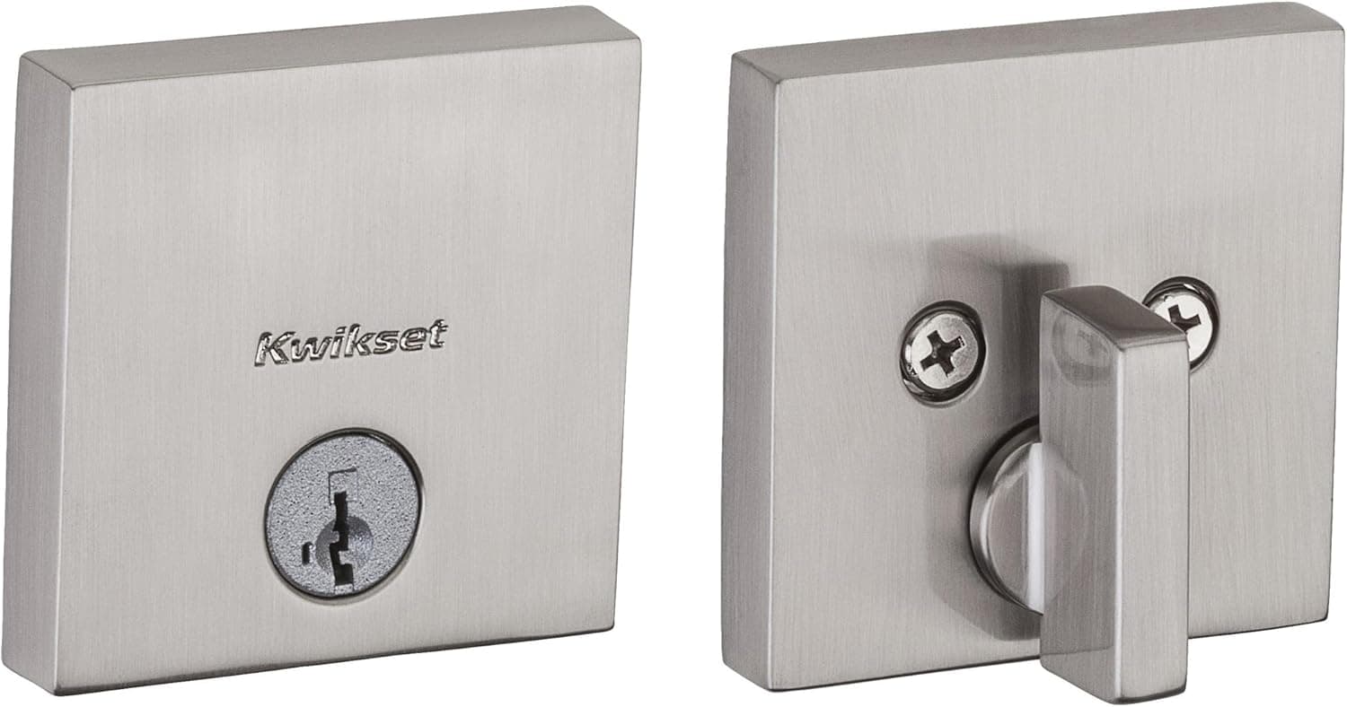 Kwikset Fechadura de porta de cilindro único contemporâneo, quadrada, discreta, fina, moderna, contemporânea, de perfil baixo, com segurança SmartKey em níquel acetinado