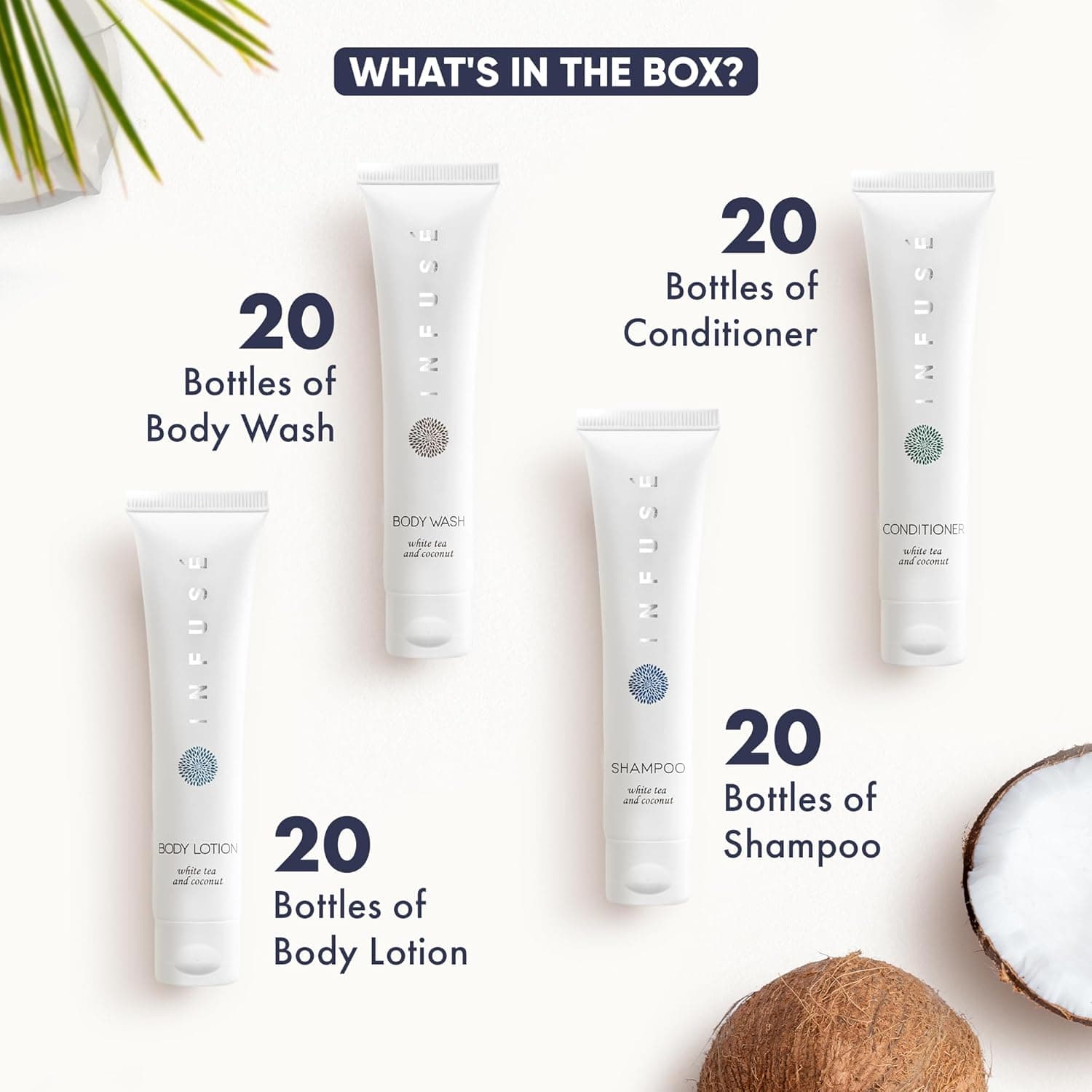 Conjunto de artigos de higiene pessoal Infuse White Tea & Coconut Hotel | 1 kit de amenidades | xampu e condicionador de 30 ml, sabonete líquido, loção | Tamanho de viagem | 80 peças - Imagem 4