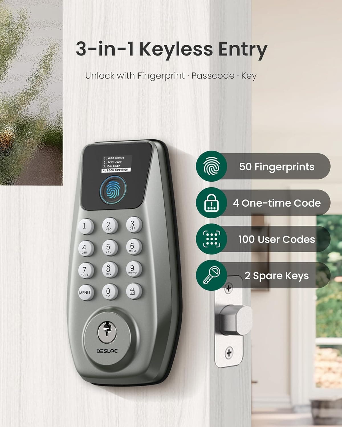 DESLOC C110 Fechadura de porta de entrada sem chave com tela (tela inteligente), fechaduras de porta com impressão digital, fechadura de teclado, trava automática, teclas retroiluminadas, modo de - Imagem 4