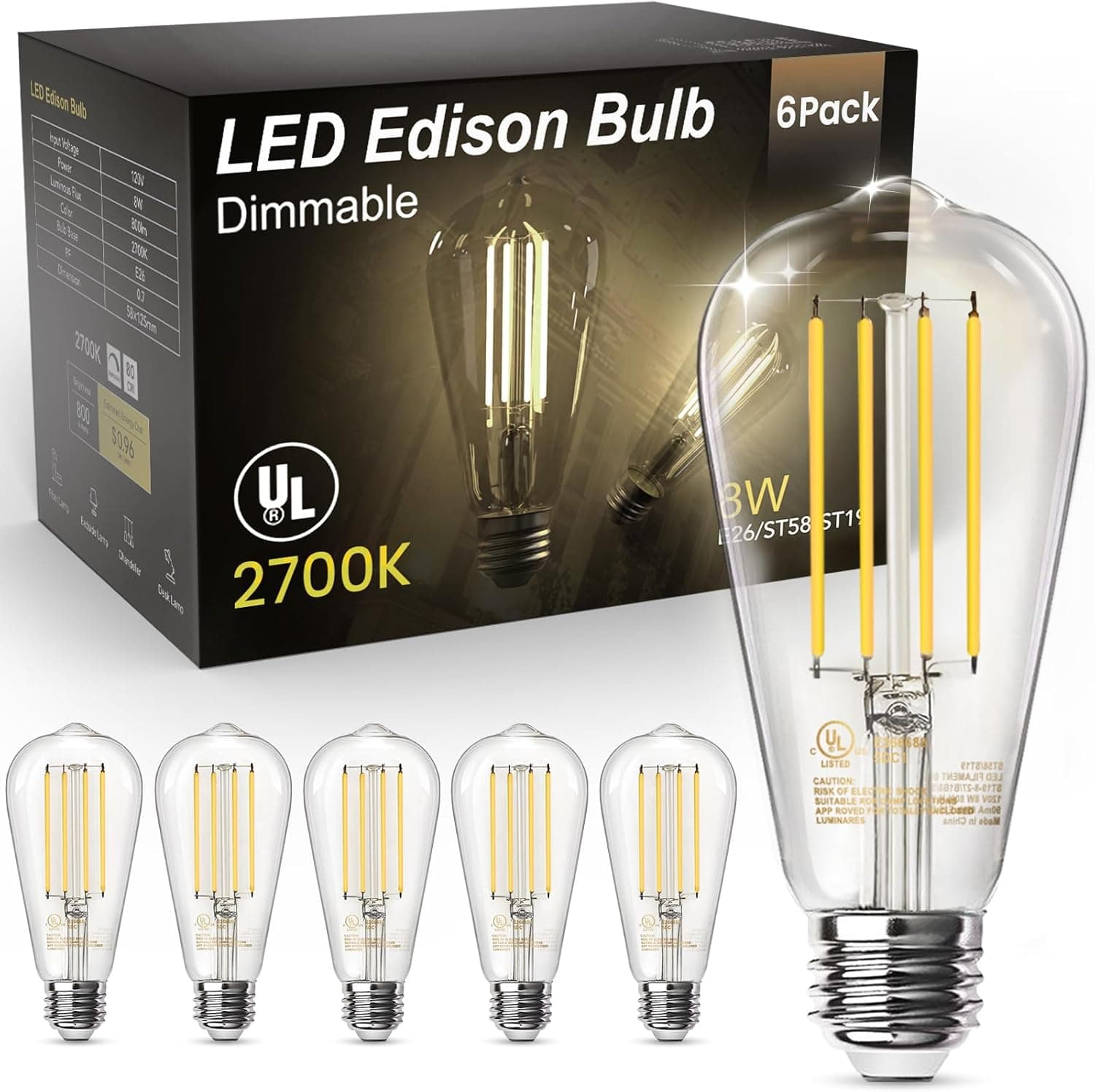 Lâmpadas WIAONE TJOY Edison, Equivalentes a 60W, Lâmpadas LED Vintage Reguláveis, Base Média E26, Branco Quente 2700K, ST58, 8W, 800LM, 80+ CRI, Lâmpada LED de Filamento Decorativo Antigo, Vidro