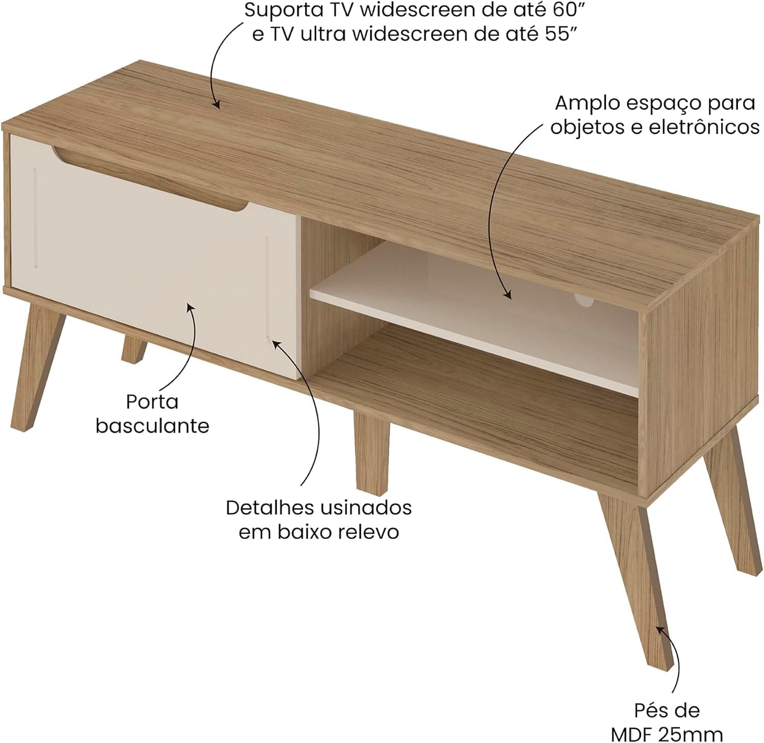 Rack para Tv ate 60" com porta basculante LOTUS cor Carvalho com Off White - Artely - Imagem 3