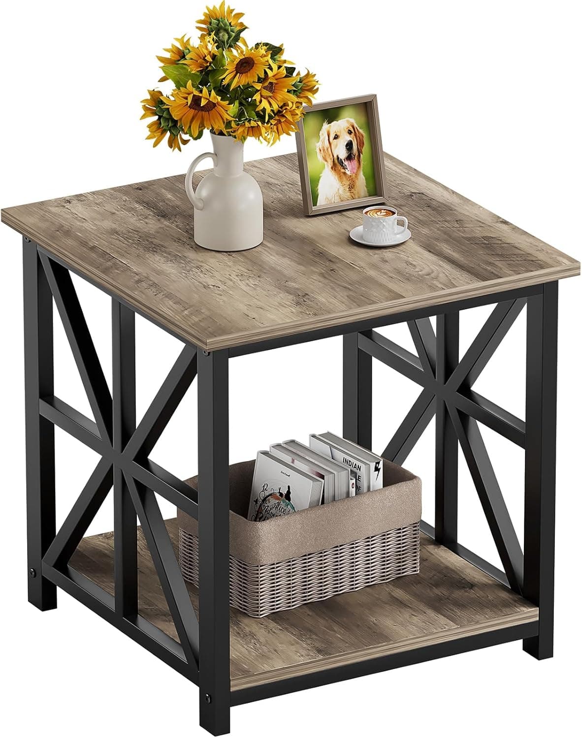 GreenForest Mesa de canto com prateleira de armazenamento de 2 níveis, mesa lateral grande de 61 cm para sala de estar, mesa de cabeceira moderna para quarto, cabeceira, escritório, fazenda, lavagem