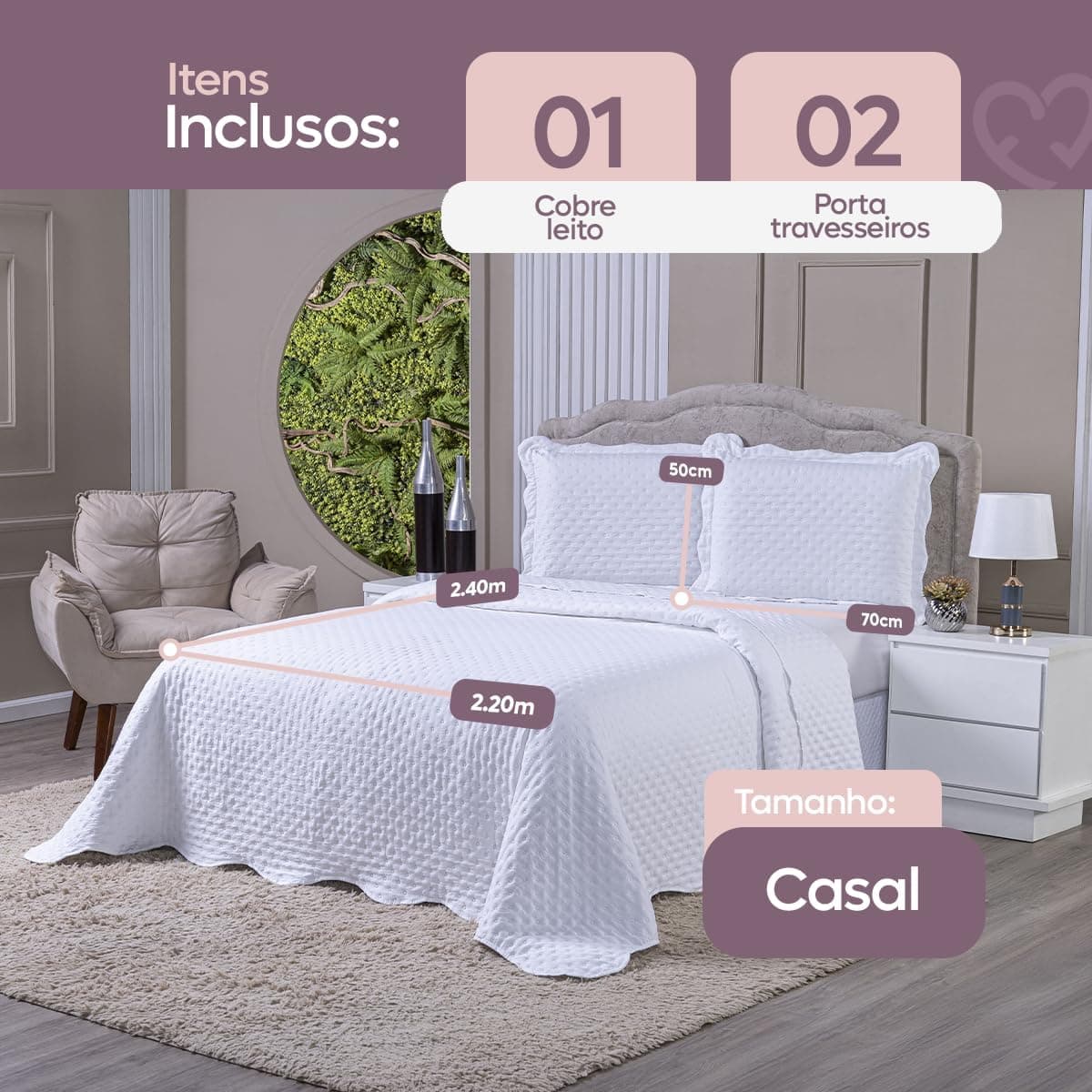 Kit Colcha Balle Para Cama Queen 400 Fios Dupla Face 3 Peças Cores Lisas Tecido Piquet Toque Mácio Acompanha Cobre Leito e 2 Porta Travesseiros (Branco, Casal Queen (240x260cm) - Imagem 3