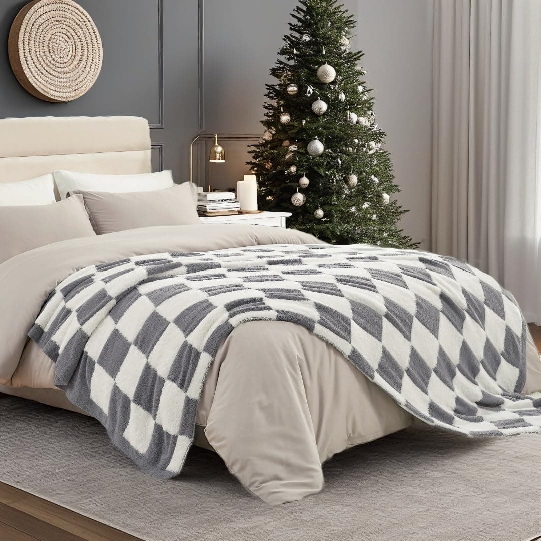 Snuggle Sac Cobertor xadrez de pele sintética tamanho solteiro com tecido de microfibra de malha macia, cobertor aconchegante e quente para sofá, quarto, sala de estar, xadrez cinza, 152 x 203 cm,