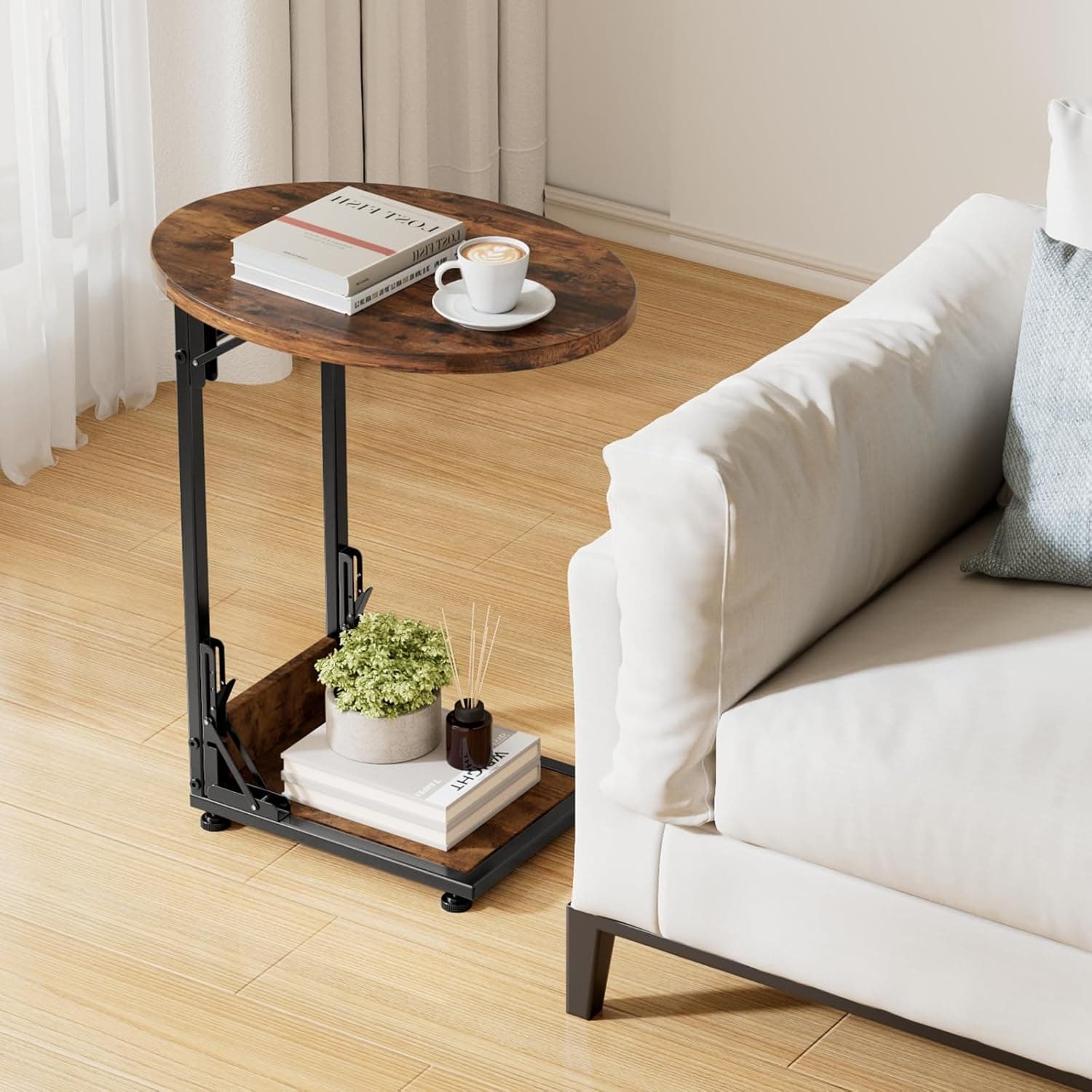 Elbourn Mesa lateral dobrável, suporte de TV em forma de C com moldura de metal para sofá, quarto, cabeceira, café, espaços pequenos (cor de madeira vintage) - Imagem 3