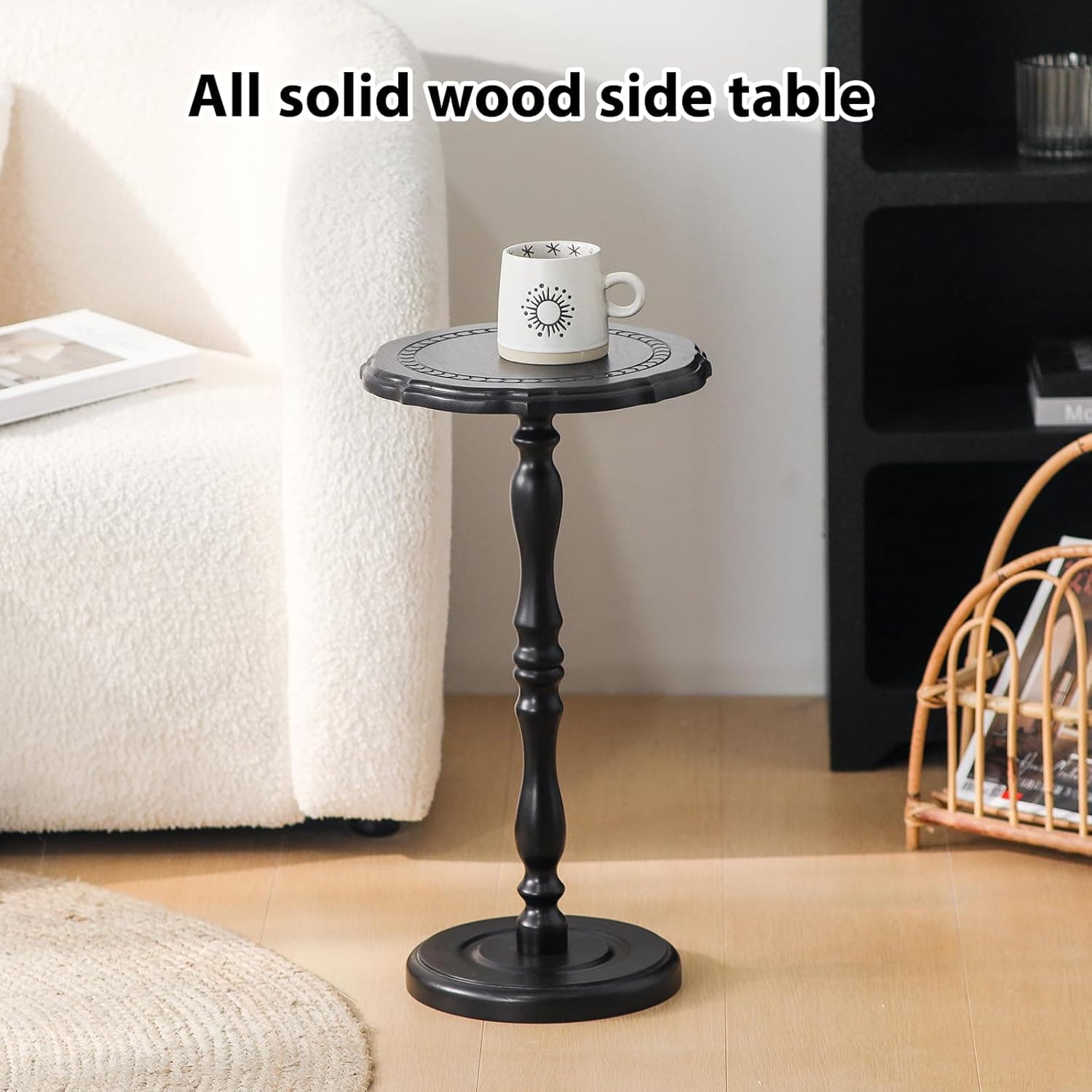 Mesa de bebida, pequena mesa lateral para espaços pequenos, mesa de cabeceira redonda de madeira maciça moderna para sala de estar, quarto, cantos e escritório, preta - Imagem 3