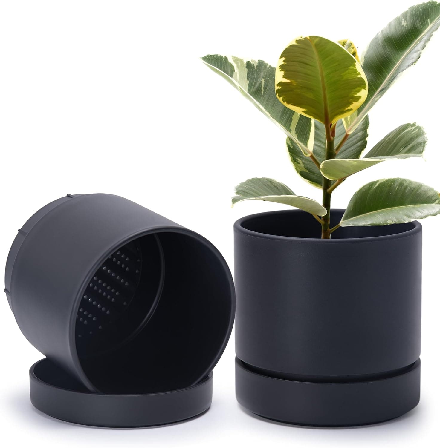 Phoenix Vine Vaso de 20 cm com orifício de drenagem e pires, bandeja de captura de água profunda, vaso redondo cilíndrico reto para plantas, preto fosco, pacote com 2, 23-C-T-2