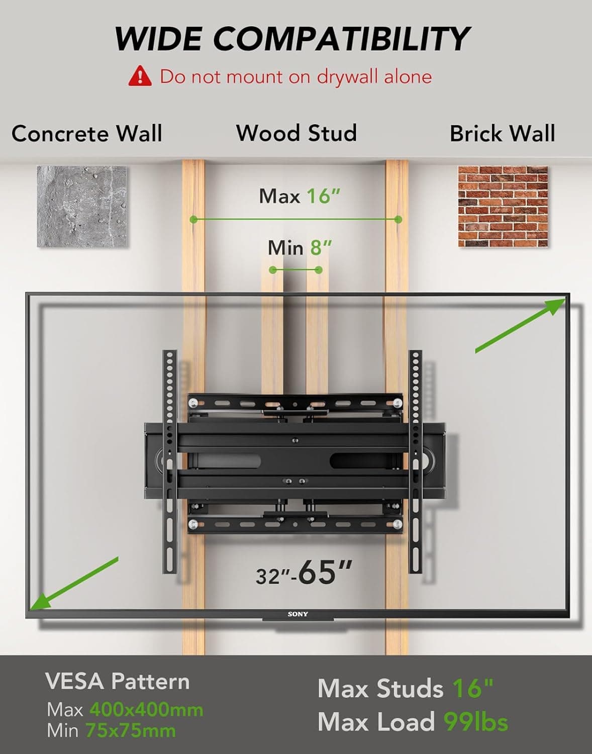 Suporte de parede de TV para 32-65 polegadas, suporte com giro e inclinação, suporte de TV de movimento completo com braços duplos articulados, serve para pinos de 40.6 cm, VESA máximo 400 x 400 mm - Imagem 3
