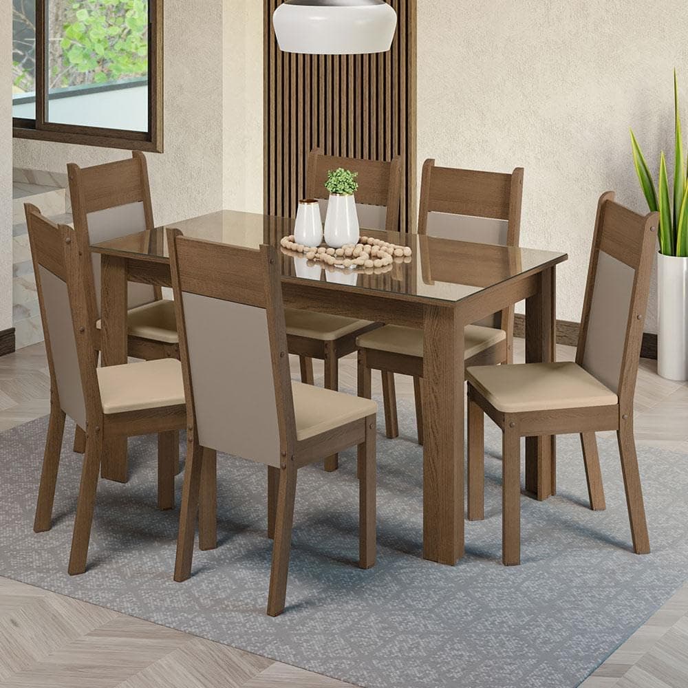 Conjunto Sala de Jantar Mesa Tampo de Vidro 6 Cadeiras Rustic/crema/bege Dora Madesa