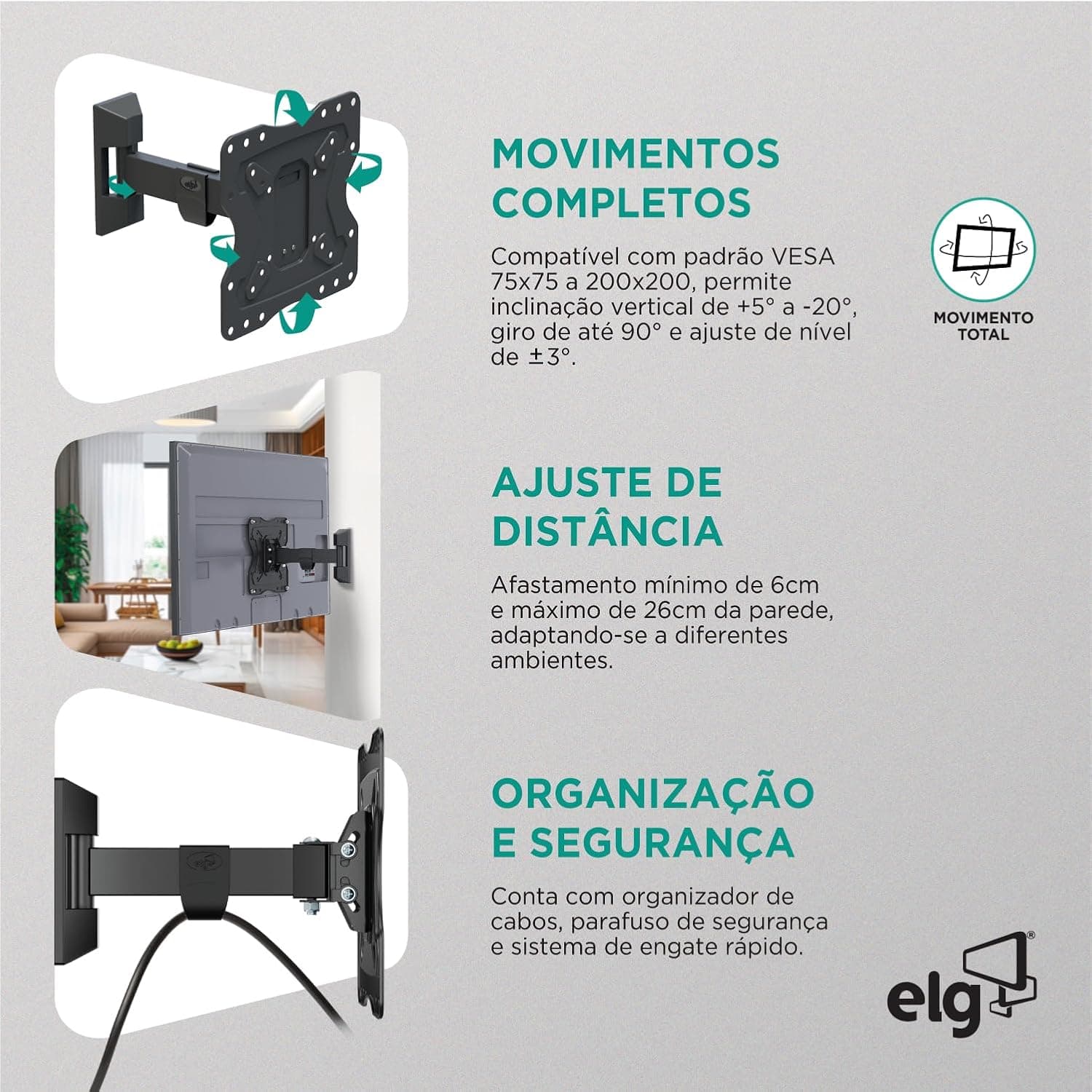 ELG, FULL20, Suporte de Parede Multiarticulado com Movimentação Total para TVs de 15'' a 58'', Padrão VESA de 75x75 até 200x200, Capacidade Máxima 30 kg, Preto - Imagem 4