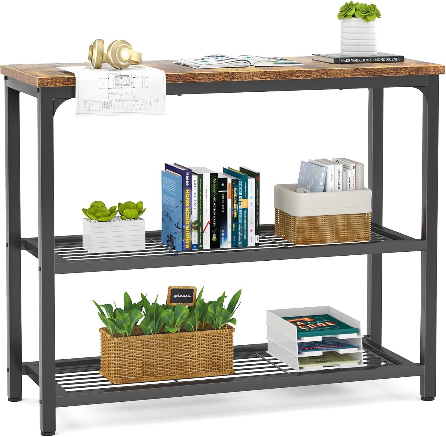 Ecoprsio Mesa de console pequena, mesa de sofá com prateleiras de malha dupla, mesa de entrada industrial para entrada, corredor, hall da frente, sofá, sala de estar, bar, cozinha, 81 cm, rústica