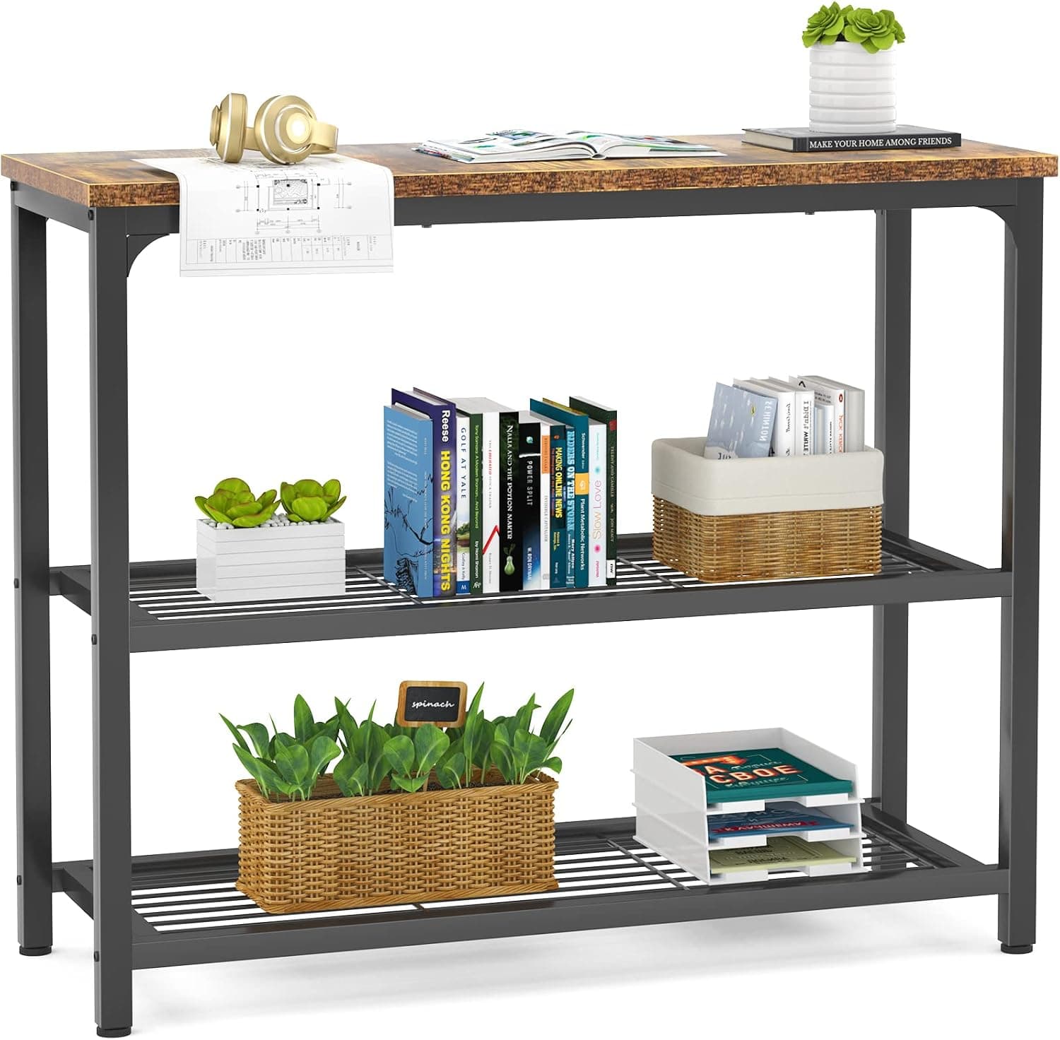 Ecoprsio Mesa de console pequena, mesa de sofá com prateleiras de malha dupla, mesa de entrada industrial para entrada, corredor, hall da frente, sofá, sala de estar, bar, cozinha, 81 cm, rústica