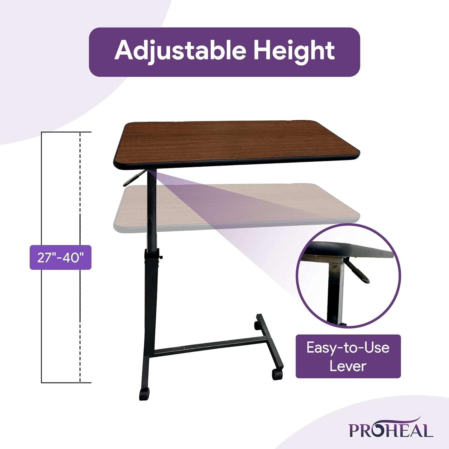 ProHeal Mesa de cama médica com rodas e altura ajustável – Mesa de cama rolante cor carvalho para uso doméstico e hospitalar - Imagem 3