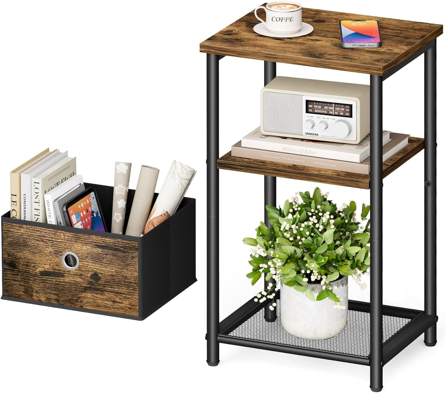 KIMBORA Mesa lateral pequena de 3 níveis com cesta de armazenamento, mesas de canto de sala de estar para espaços pequenos, mesa de cabeceira para quarto, sofá de sofá, marrom rústico e preto clássico