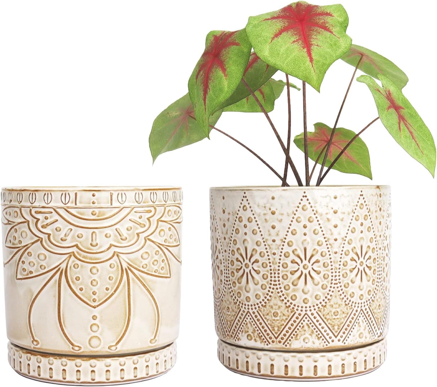 Vasos para plantas internas de 15,24 cm com orifícios de drenagem e pires, vaso de cerâmica para plantas, vaso de flores – conjunto de 2