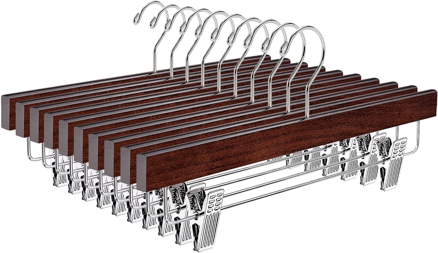 Amber Home Pacote com 10 cabides de madeira de nogueira com clipes, cabides de saia e calças de madeira de 35,5 cm, cabides de armário para jeans, calças, shorts, com 2 clipes ajustáveis (Vintage, 10)