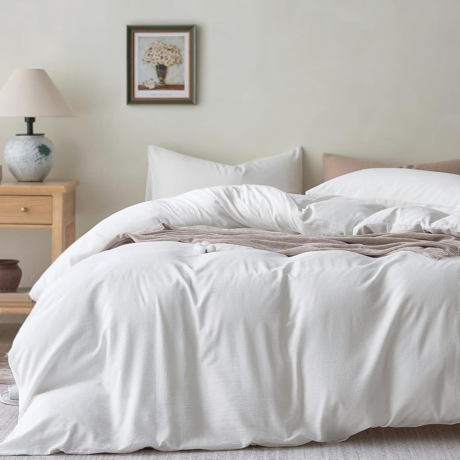 JELLYMONI Capa de edredom branca California King - 100% algodão lavado, sensação de linho, texturizada, leve, refrescante, conjunto de 3 peças de cama macio com fecho de zíper (branco, Cal King 264 x