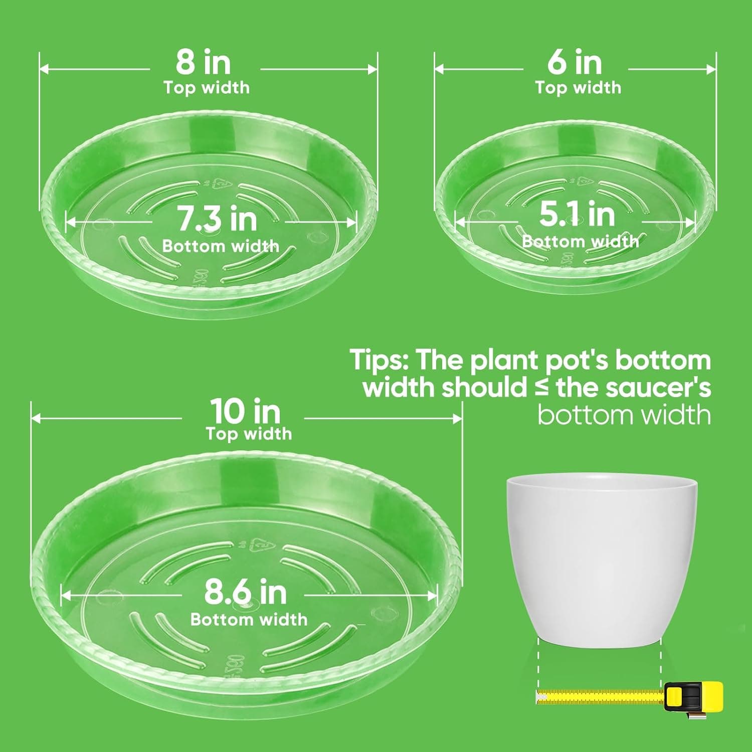 Pacote com 18 pires de plantas de 15,2 cm e 20,3 cm e 25,4 cm, bandejas de plantas duráveis para ambientes internos e externos, pires de vaso de flores de plástico transparente, feito de plástico mais - Imagem 4