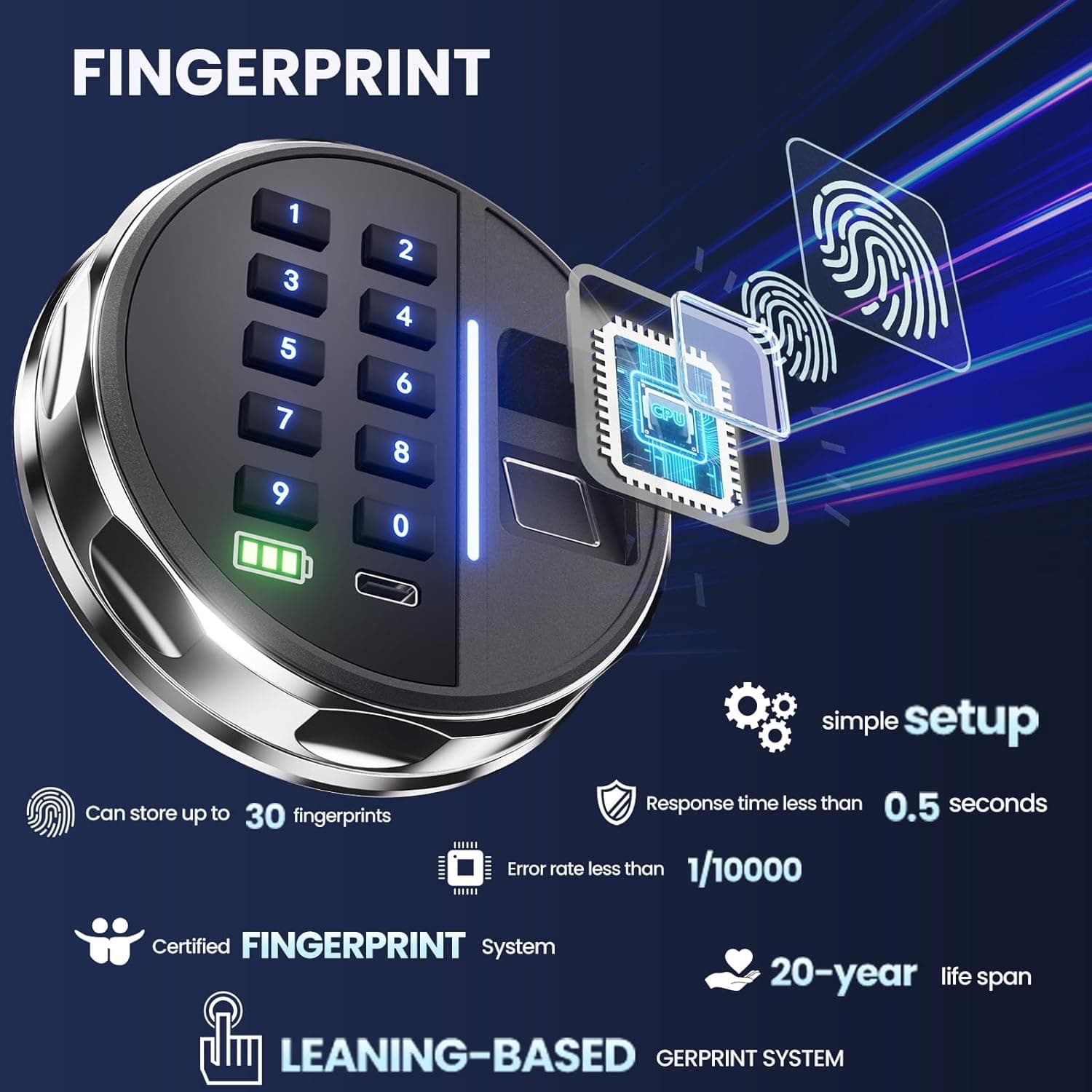Grimtron Cofre biométrico – Cofre de impressões digitais com modo silencioso, teclado retroiluminado e luz LED, seguro para dinheiro Caja Fuerte, antiferrugem, anti-roubo, anti-pirueta - Imagem 3