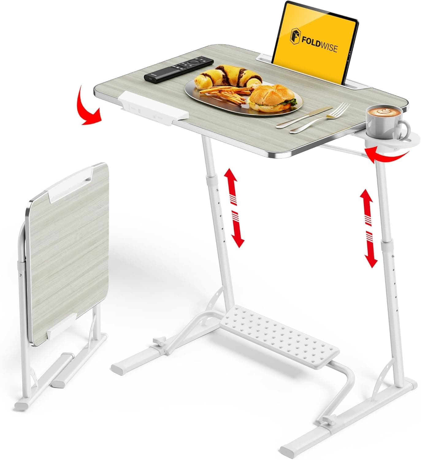 FoldWise Bandeja de TV dobrável atualizada – mesa de laptop extra grande e resistente para sofá, mesa ajustável em altura e ângulo para jantar, trabalho e TV – Inclui apoio para os pés, suporte de