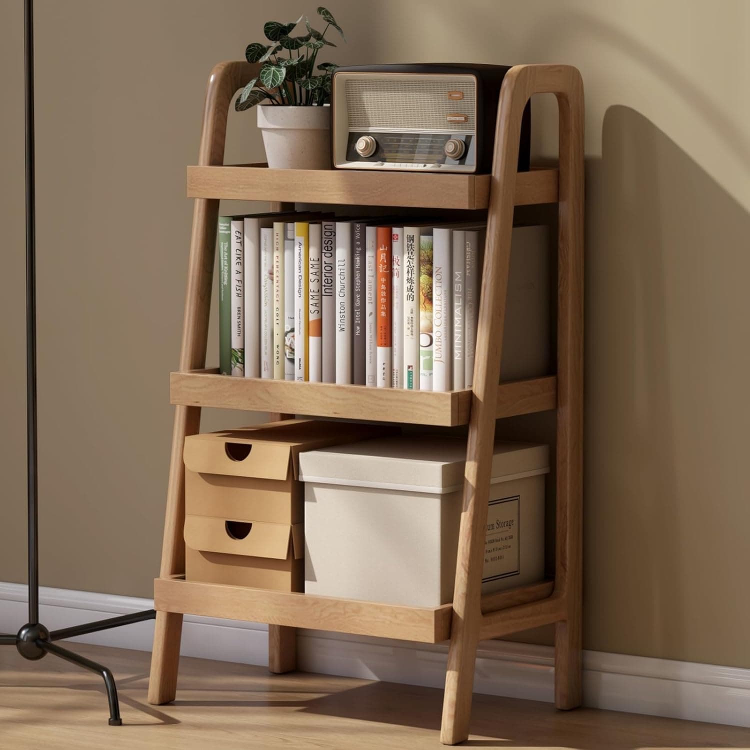 Prateleira de escada 100% carvalho maciço de 3 camadas para economizar espaço, mesa de cabeceira alta com moldura estável para quarto, mesa lateral pequena para sala de estar e escritório