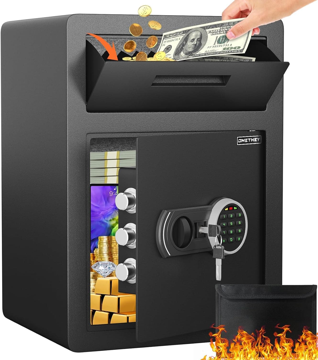 Seguro para depósito de 2,0 metros cúbicos, caixa para dinheiro com bolsa à prova d'água à prova de fogo, slot digital antifurto com alarme duplo, cofre grande com compartimento de queda para