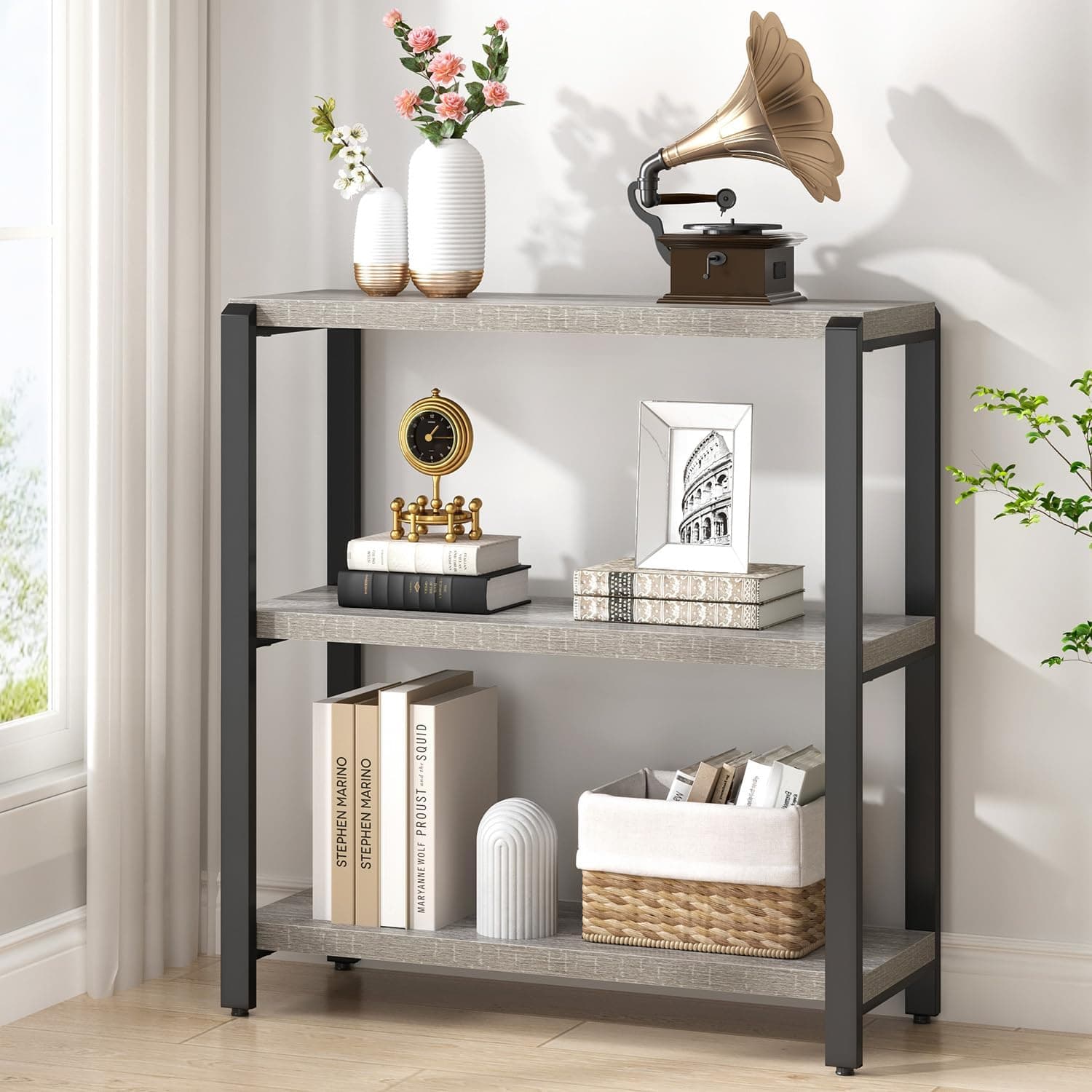 FOLUBAN Estante de livros de 3 camadas, estante de livros e estante industrial de madeira e metal, estojo curto para escritório, sala de estar, quarto, cinza claro - Imagem 2