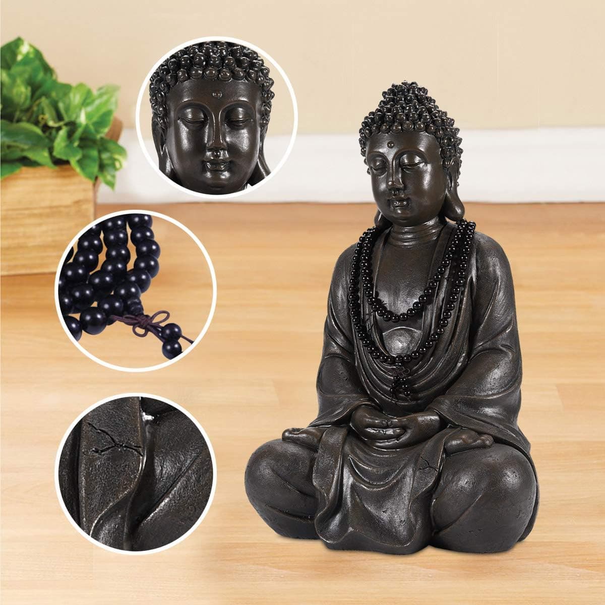Estatueta de zen buda meditando da Limeide, escultura - Decoração interna/externa para casa, jardim, com colar de contas de madeira natural, poliresina, visual de bronze antigo (11,4 polegadas) - Imagem 4