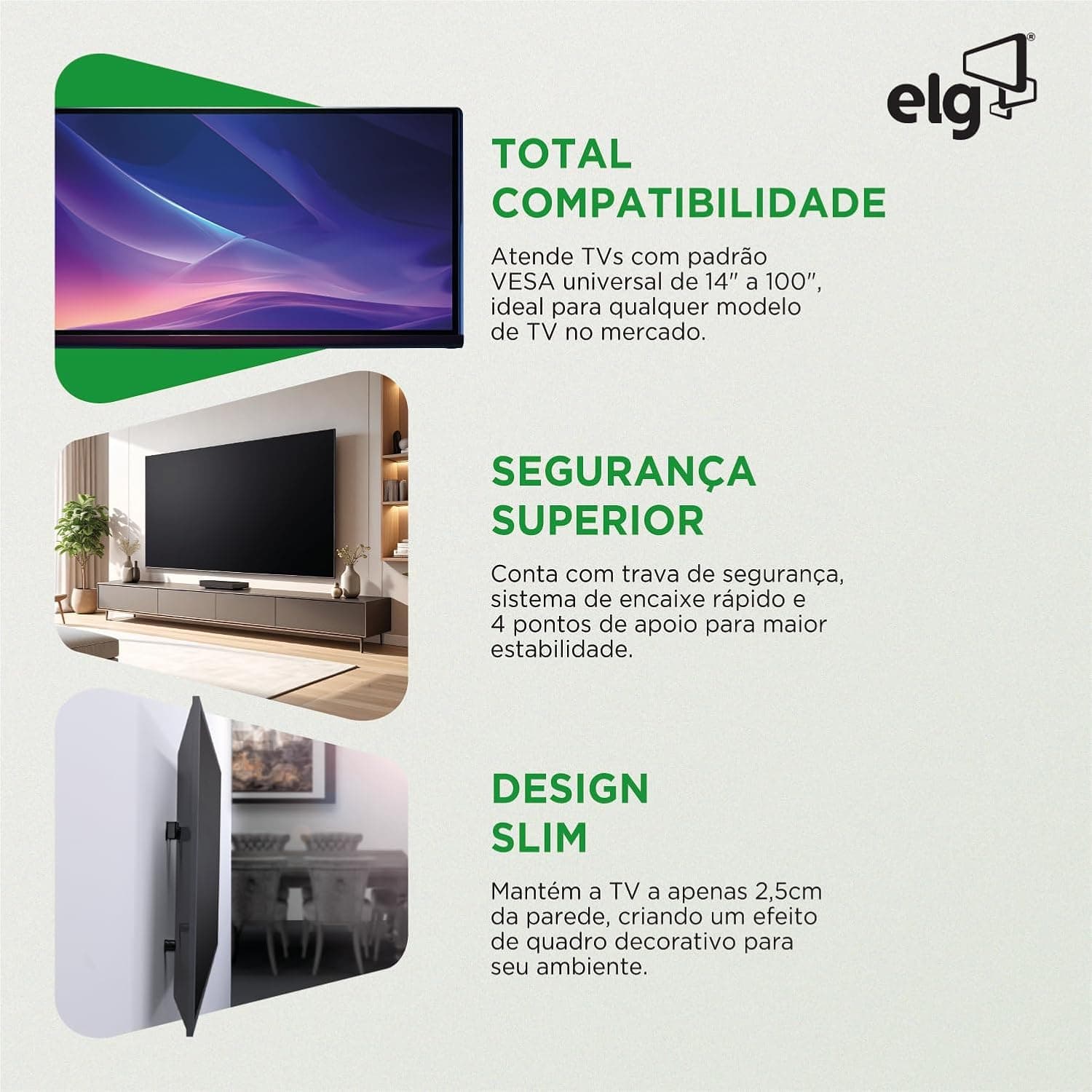 Suporte de TV Fixo Universal de Parede, 14" a 100", Capacidade até 100 kg, VESA de 100x100 a 800x400mm, Preto, MAX UNIVERSAL, ELG - Imagem 4