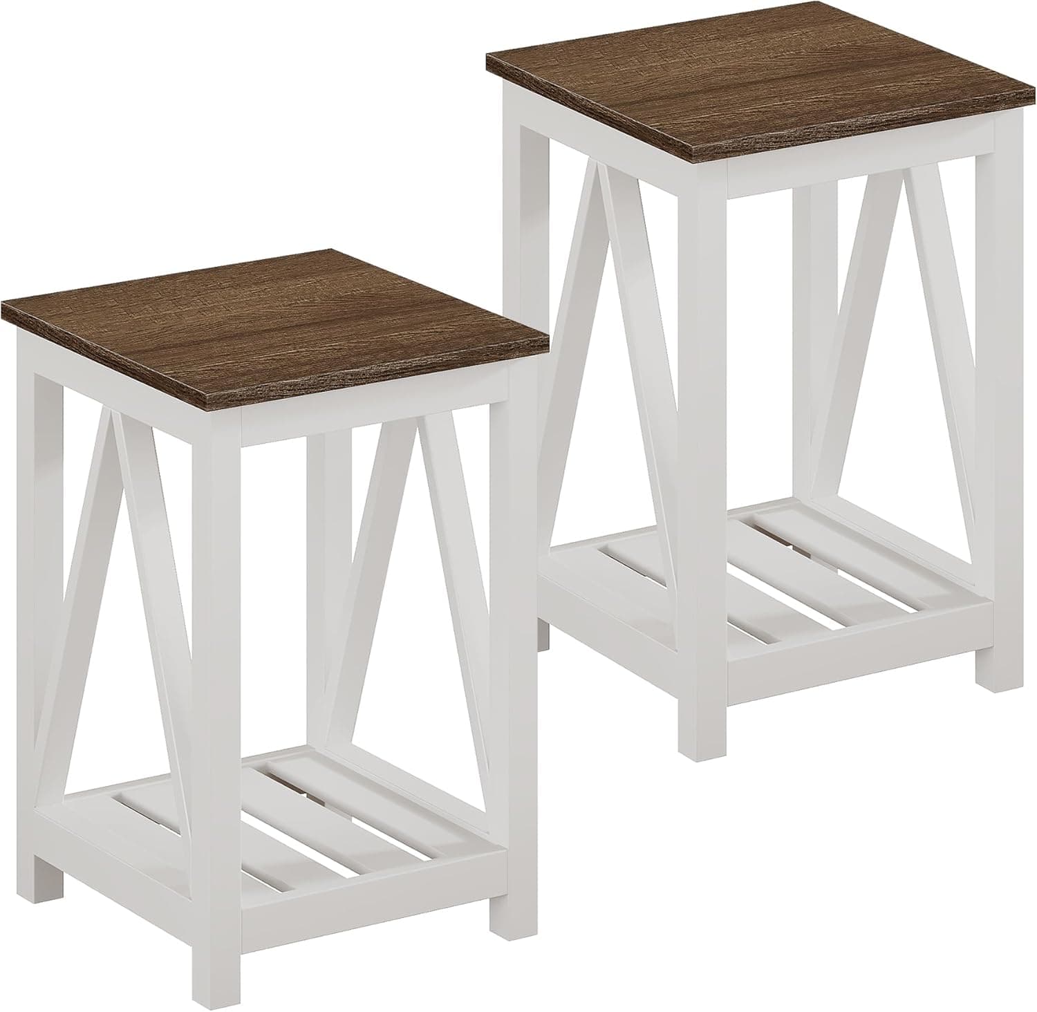 ChooChoo Mesa Final de Fazenda, Mesa Lateral Rústica Vintage com Prateleira de Armazenamento para Espaços Pequenos, Mesa de Cabeceira para Sofá para Sala de Estar, Quarto Branco, Pacote com 2
